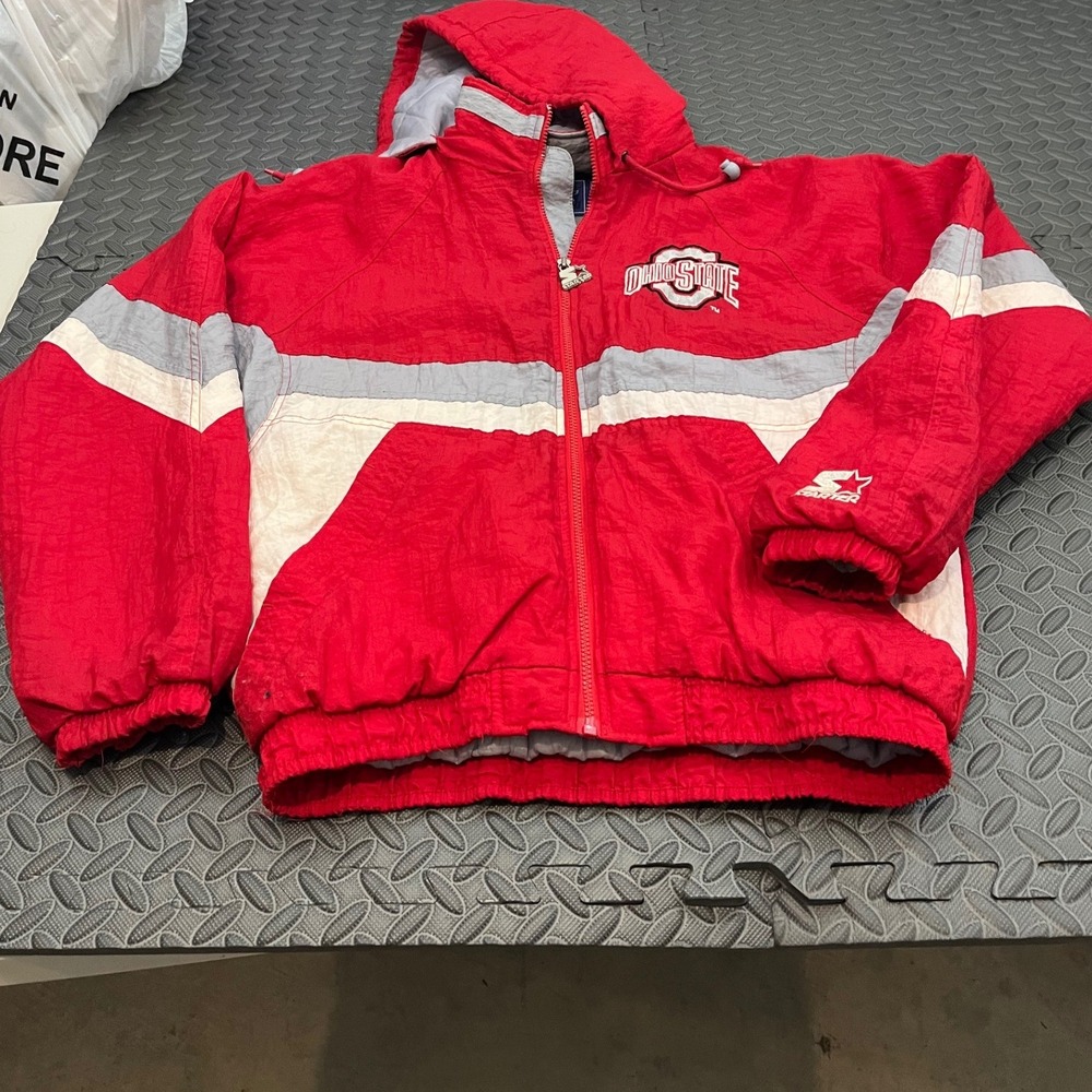 Starter Ohio State Jacket Mens L Red Vintage 90s Hooded Full Zip Windbreaker - Picture 11 of 14